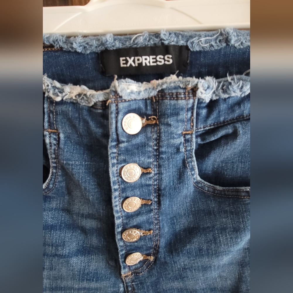 Express High Rise Button-Fly Jeans in Blue - Picture 3 of 6